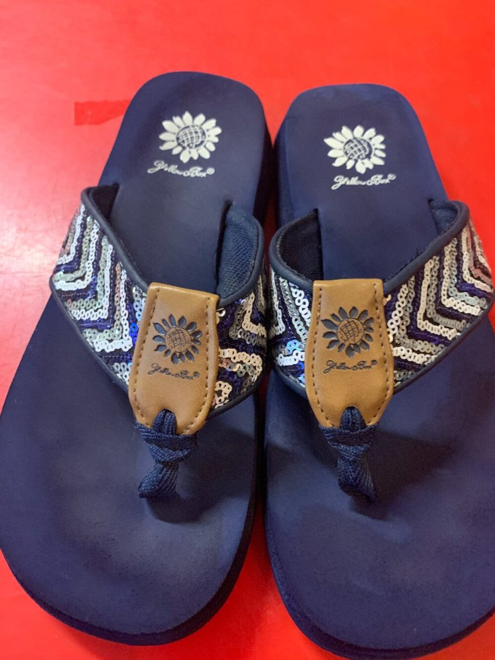 Women's Size 7 Navy Yellow Box Flip Flops